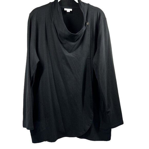 J Jill PureJill Women's Crossover Top XL Cowlneck Solid Black Button Long Sleeve - Picture 1 of 9